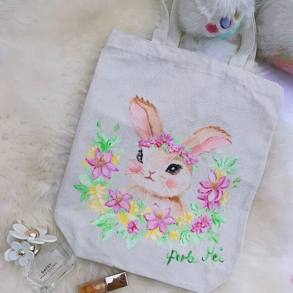 Hand-painted Cute Rabbit Tote Bag 🐰 - Picture 3 of 3